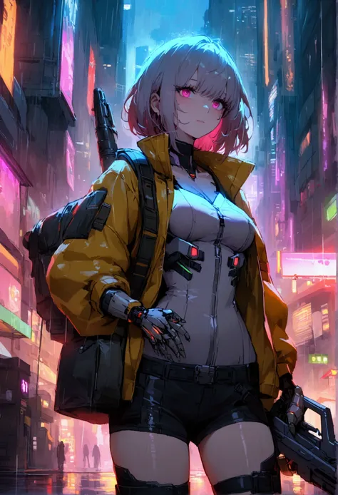 Beautifull girl she use cyborg hand, she grab a big gun with cyborg hand, she stand in the midle of cyberpunk city in the rain