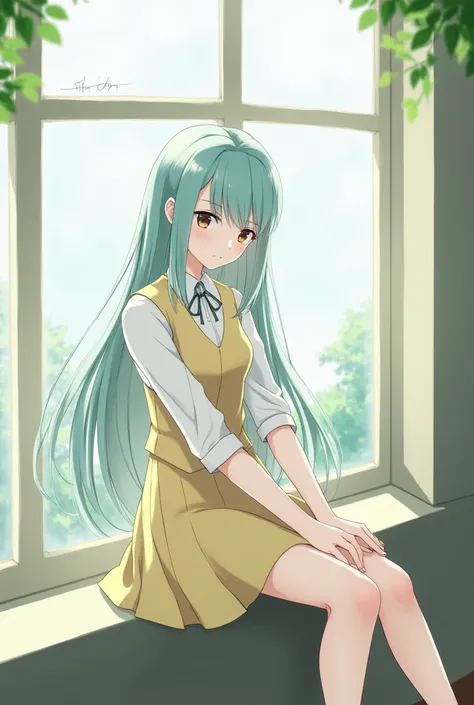 Girl with long mint-colored hair sitting slightly on a window sill, Girl sitting on a window sill with long mint colored hair wearing a white shirt, light yellow vest and skirt , Looking diagonally to the right of the camera ,  Sitting diagonally to the ri...