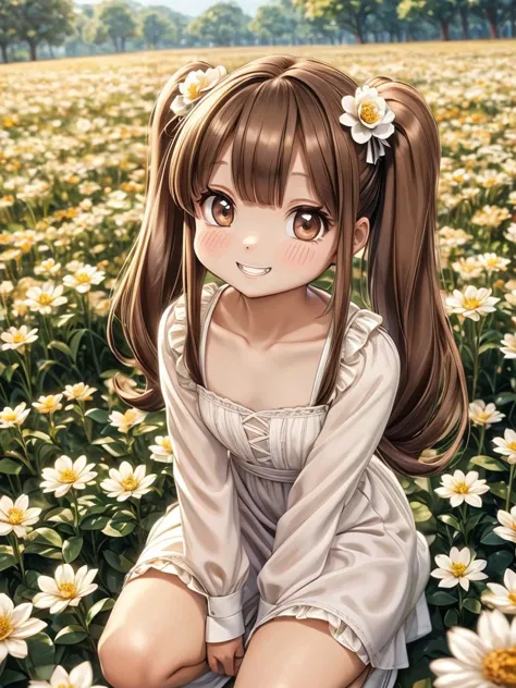 white margaret flower field,girl１people,thin twin tails,light brown hair color, upswept eyes、brown eyes,being thin、crouching、,sm...