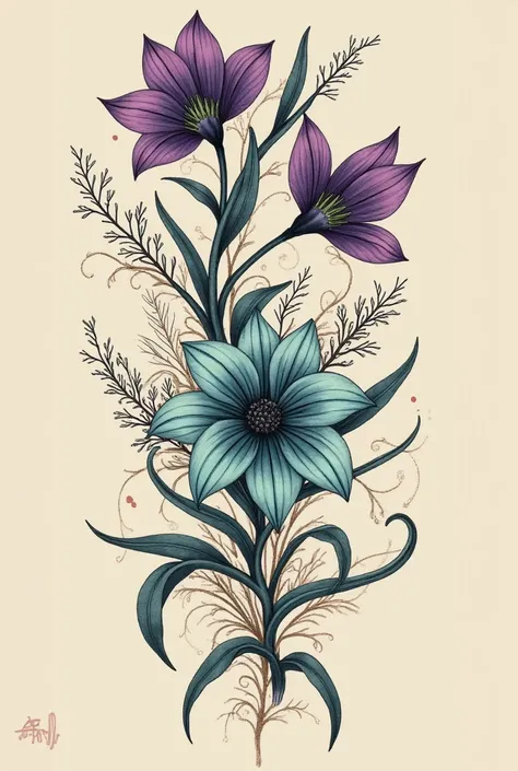 Create a highly detailed tattoo design featuring Rotheca serrata flowers as the central focus. The flowers should be depicted with their characteristic butterfly-like petals in full bloom, surrounded by intricate stems and delicate, flowing vines. Compleme...