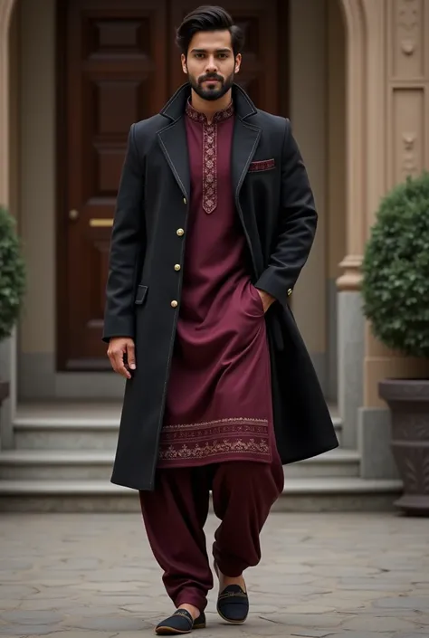 A man wearing dark mehroon kurta pajama with charcoal black half  Prince coat
