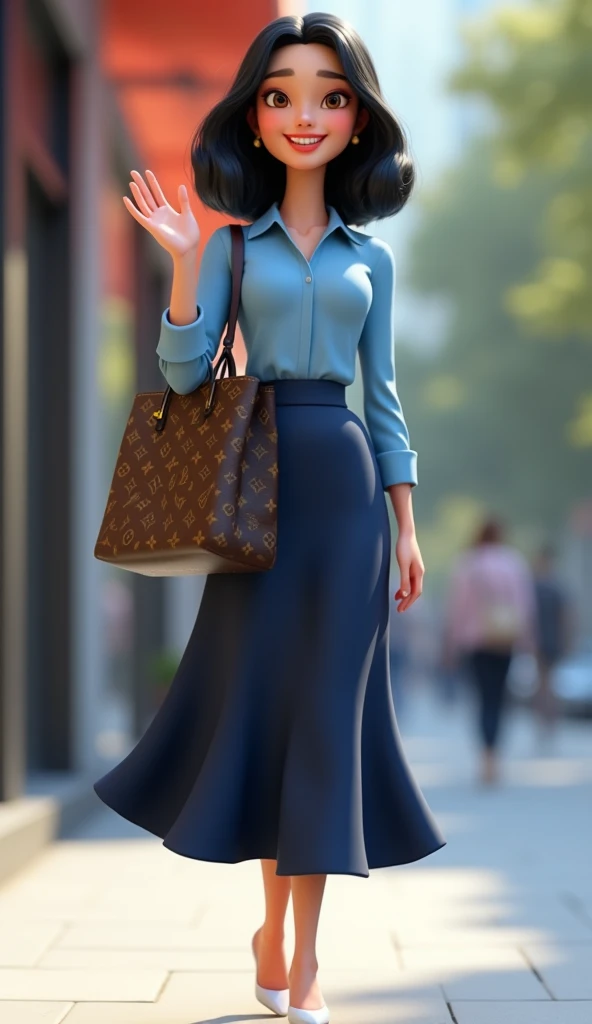 image in 3D animation, figure of a mother, beautiful adult woman with shoulder-length black hair with a little bangs, wearing a neat blue shirt, long dark blue wavy skirt, carrying a Louis Vuitton branded bag, with a typical Louis Vuitton bag pattern ((LV ...