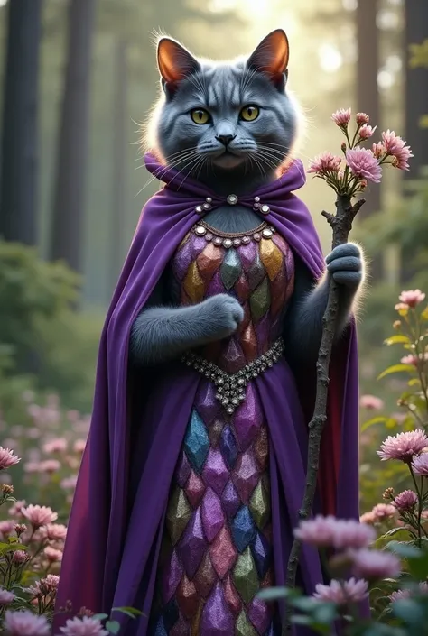 Adult Gray British short-hair female humanoid cat wearing multicolour crystals scale wizard long dress inside purple gypsy hoodie long cloak holding blooming flowers wooden staff in cat paws in pine forest 