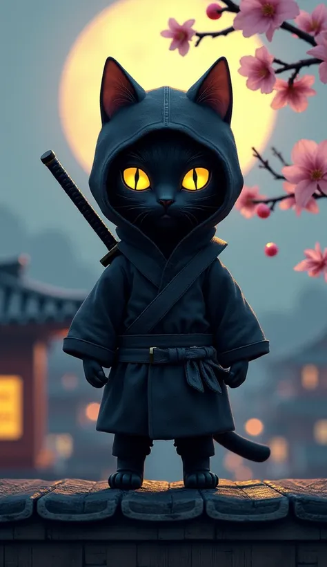 It stands on its two front legs.
A stealthy black cat stands on a wooden rooftop under the moonlight, wearing a tiny ninja outfit complete with a mask that covers all but its glowing yellow eyes. A miniature katana is strapped to its back, and its front pa...