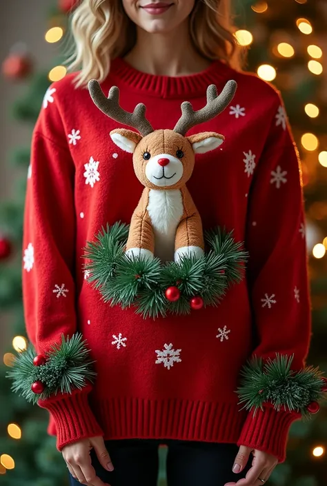 Pull de noel rouge tradition british avec en plus des guirlandes de Noël verte sur les poignets et le bas, un doudou cerf au mileu, des guirlandes lumineuse autour, et des flocons blancs