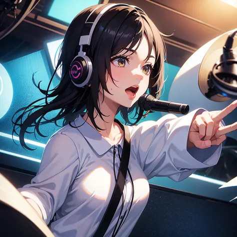 Create a picture of a woman singing in the studio, wearing headphones and a microphone. Her hair is short black.