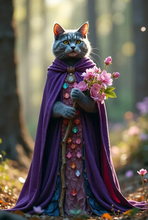 Adult Gray British short-hair female humanoid cat wearing multicolour crystals scale wizard long dress inside purple gypsy hoodie long cloak holding blooming flowers wooden staff in cat paws in pine forest 