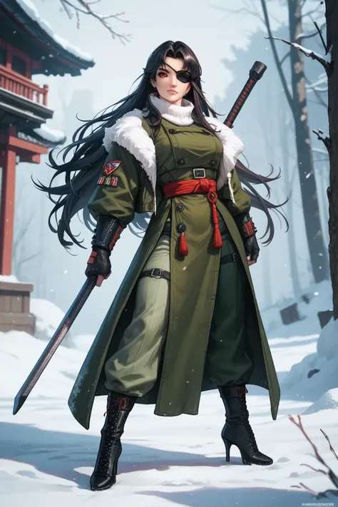   black winter clothing , DND,  rogue clothing ,  black hair, red eyes,  left eye patch, two daggers , full body, very long hair, muscular,  pale skin , anime, drawn,   black snow heels, Women, very high, Mewtwos body