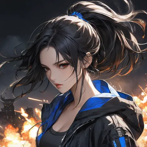 Neo-noir Futuristic art style, waist-up view, A semi-realistic anime-style woman with long, sleek black hair styled in a high ponytail. Aged 21. She has a sharp, warm tan, symmetrical face with a defined jawline that highlights her serious and determined e...