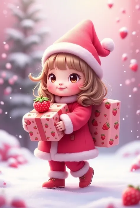 Pink color  in January  wiht red Christmas outfit and hat with Strawberry gift
Pink winter background
