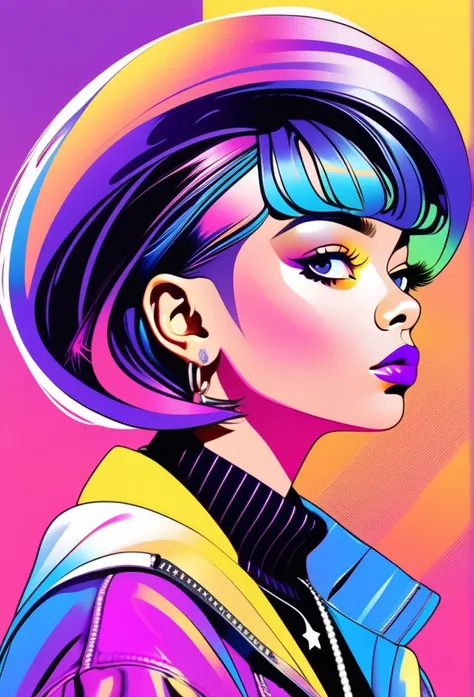 ((illustrator)), flat color, stylish, sketch, 1girl, rockstar, shiny lip, jersey wear, order, very modern stylish asymmetry hair, purple ((gradient)) background, neon hair, textured crop, (masterpiece, best quality), portrait, ((dynamic angle)),close up gi...