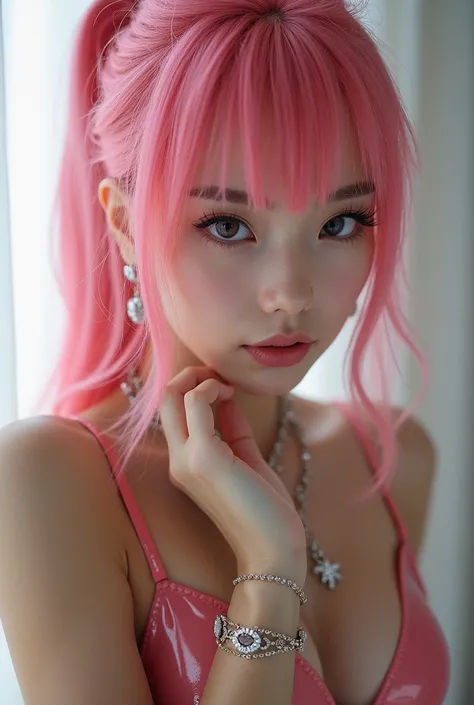 A beautiful young Japanese woman with pink hair wearing an erotic latex costume, with a high definition ponytail, flashy earrings, necklace, and bracelets, (best quality,4k,8k,highres,masterpiece:1.2),ultra-detailed,(realistic,photorealistic,photo-realisti...