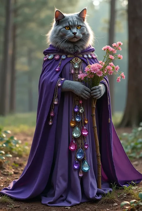 Adult Gray British short-hair female humanoid cat wearing multicolour crystals scale wizard long dress inside purple gypsy hoodie long cloak holding blooming flowers wooden staff in cat paws in pine forest 