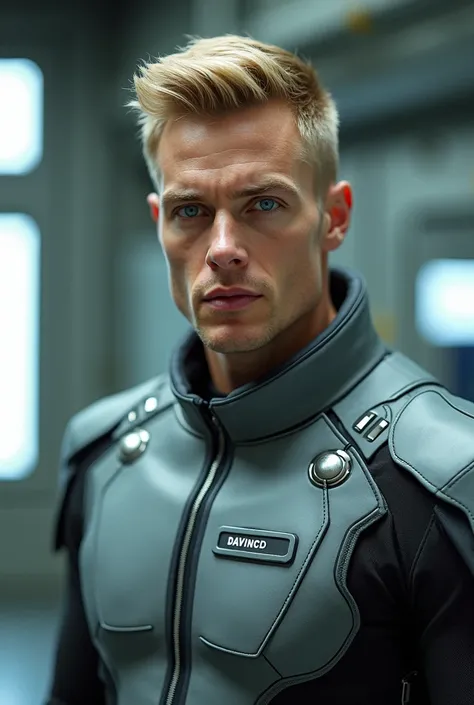 "A realistic portrait of a man dressed in a futuristic, sleek gray uniform with metallic accents, representing a high-tech corporate aesthetic. The uniform prominently features the Weyland-Yutani Corporation logo on the chest and shoulders, along with a ne...