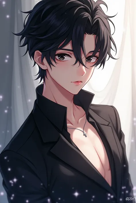 handsome anime man with black hair and pale skin