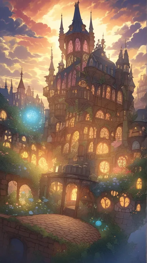 "Imagine a whimsical, magical world inspired by Ghibli films, particularly Howls Moving Castle. A charming European-style town with cobblestone streets, medieval architecture, and colorful houses. In the distance, a fantastical castle with intricate, steam...