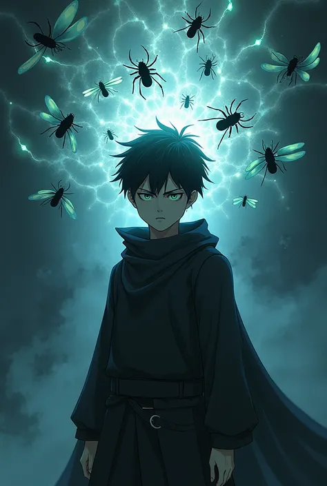 a boy who looks very mysterious Jujutsu Kaisen style with insects around him that are his allies 