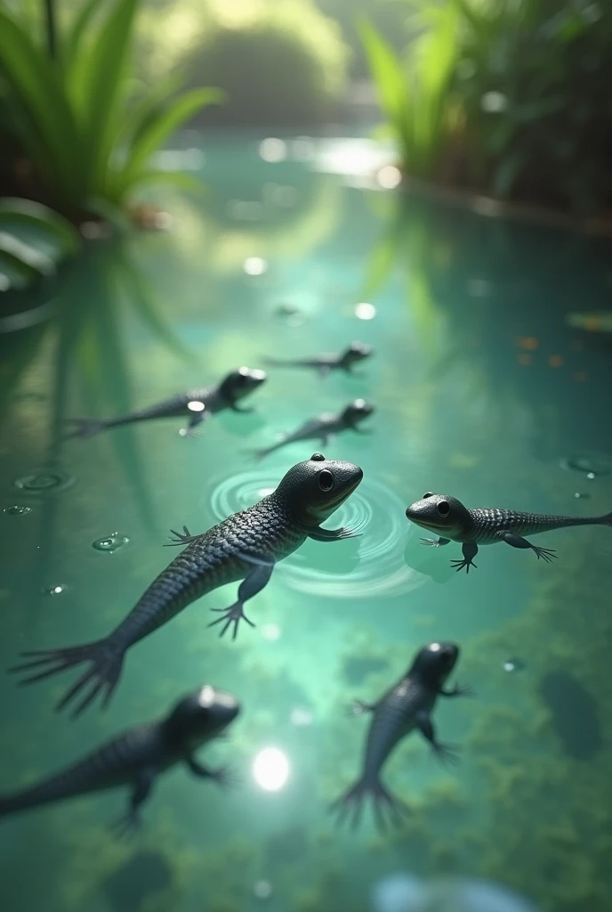  The little tadpoles were just born in a clear pond ，The black body ， has a small tail 。 They dont know what their mom looks like， I only heard that the mom is a beautiful frog 。