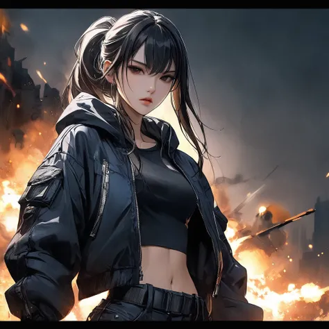 Neo-noir Futuristic art style, waist-up view, A semi-realistic anime-style woman with long, sleek black hair styled in a high ponytail. Aged 21. She has a sharp, warm tan, symmetrical face with a defined jawline that highlights her serious and determined e...