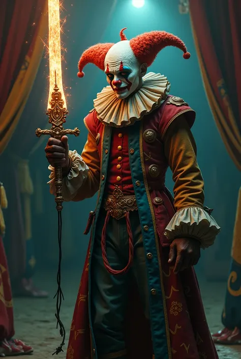 A brave human clown in colorful makeup with a mysterious past and an ancestral sword imbued with magic.
