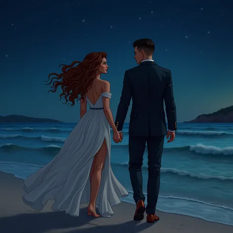 Night scene with a starry sky, on a beautiful beach, walking by the sea, A beautiful Italian woman long brown curly hair with bright mahogany highlights, blue eyes, wears a flowing evening dress with a slit on the thigh the train floats in the water and a ...