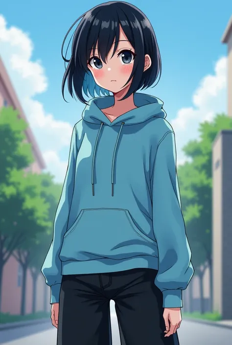 A my hero academy anime girl with black wolfcut hair until shoulder and black eyes. A light blou hoodie and black wide jeans and 160 m high