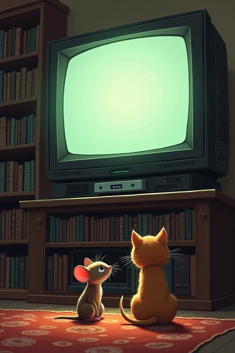 A mouse and cat on the floor watching a biggest television on a bookshelf. 