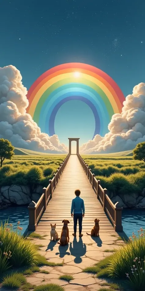 Illustration、Fable、 the rainbow bridge leading to the door to the celestial world far from the foreground、Dogs and cats are waiting in front of the door to heaven 、 I am quietly waiting for the owner who crosses the bridge、The owner who walks through the b...