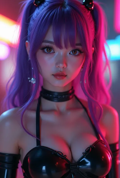 Black Latex Costume Young Japanese Idol Purple Hair Fuchsia Highlights High Definition Ponytail Sparkling Flashy Necklace Earrings Bracelets