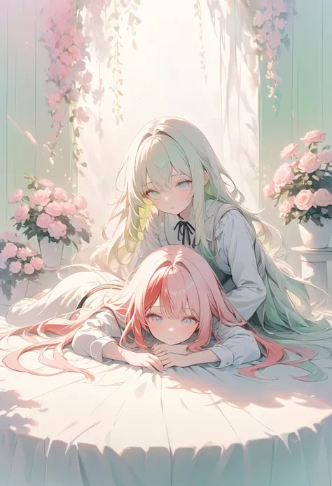 masterpiece, best quality, ultra-detailed, pastel color palette, a scene filled with a soft, eerie glow, where two characters are caught in an intense, mysterious moment. The character lying on the table has soft, flowing red hair, painted in delicate past...