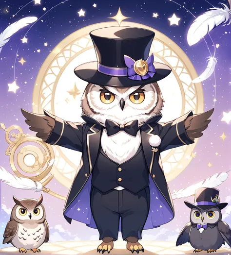   、Lightline illustration 、magician、手品をする owl under guard、  wearing a black tuxedo and hat、 owl under guard、 Fluffy Feathers 、cute,magic show background、dim