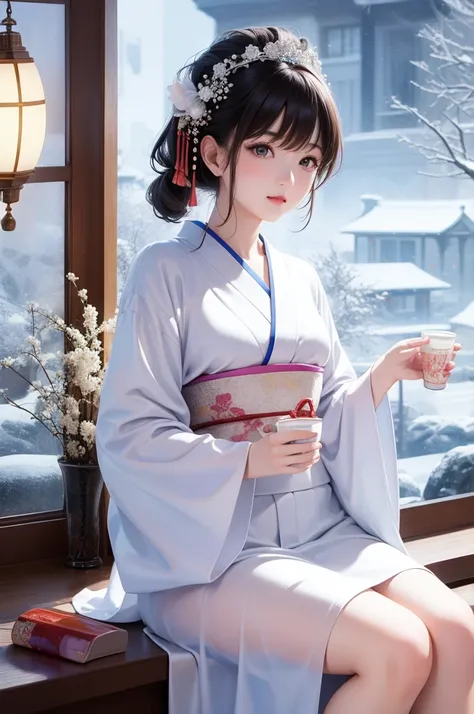 There is a cute Japanese woman sitting on the windowsill holding a cup of pearl milk tea,  Moonlight Snowing , Wearing a Kimono、Eye Exquisite、