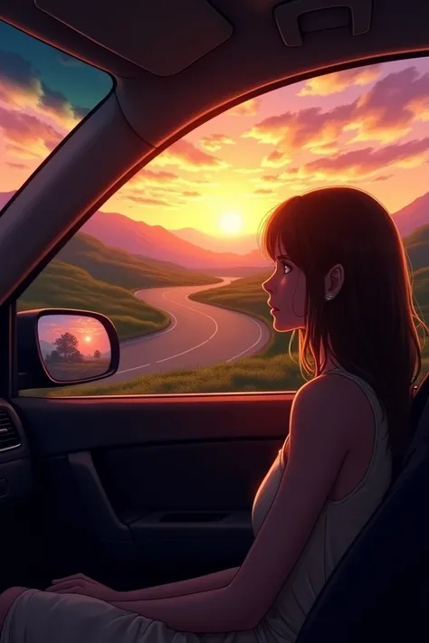 Rear view of a woman watching the sunset from the auxiliary seat of a car