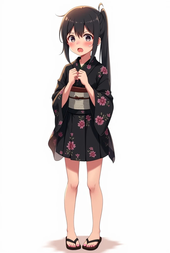 Anime girl with and standing in front of her full legs and geta yukata black and with flowers and worried and with a white background and full body and with pink nails and with fists on her chest both hands with an emotion of nervousness and with an expres...