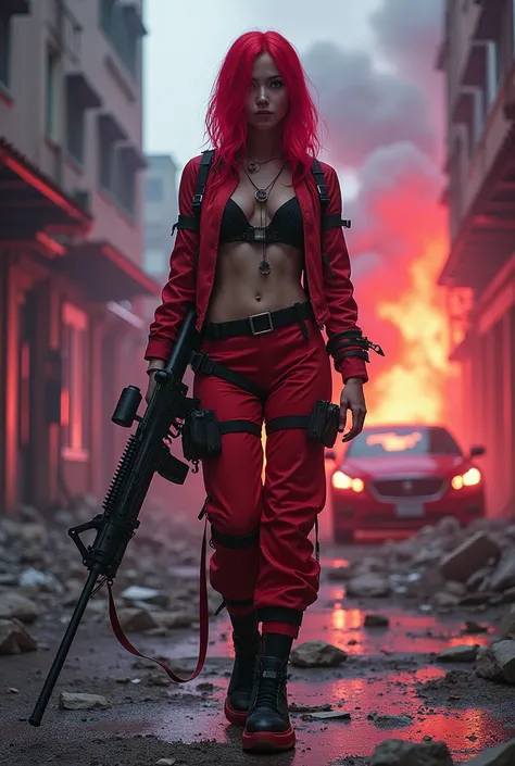 cyberpunk,full body portrait of young indonesian woman wearing red hair robot clothes in bindings and carrying long barrel in a destroyed building there is a fire of plane smoke,behind him there is a car exploding with the effect of fire there is a buildin...