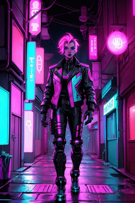 A cyberpunk character with glowing cybernetic implants, wearing a futuristic leather jacket illuminated by neon highlights. The background features a rain-soaked alley lit with magenta and cyan neon signs