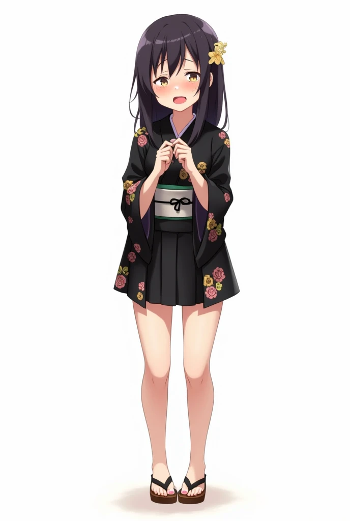 Anime girl with and standing in front of her full legs and geta yukata black and with flowers and worried and with a white background and full body and with pink nails and with fists on her chest both hands with an emotion of nervousness and with an expres...