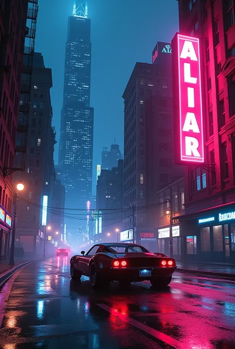 (car driving down a street next to a tall building, neon sign glowing bright) (Evgeny Lushpin style), cinematic photography, vivid colors, high contrast, ultra-detailed, atmospheric lighting, urban landscape, dynamic composition, night scene with reflectio...