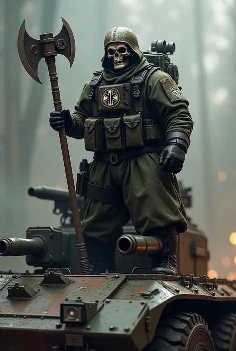 soldier, Skull Mask, axe in the right hand ,  helmet with a doctors sign ,  armored carrier with a grenade launcher