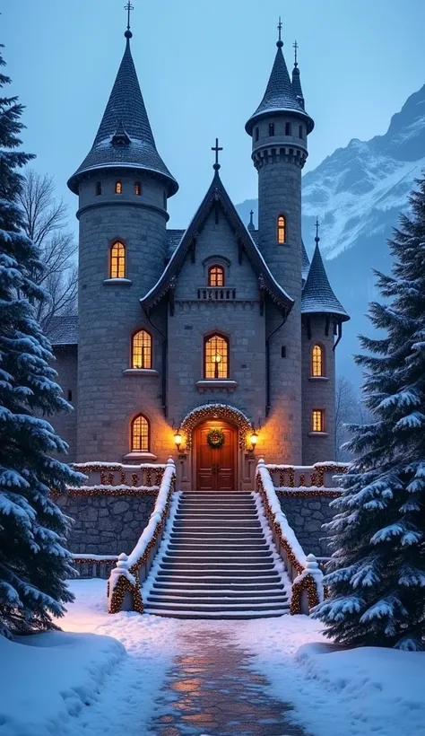  breathtaking view of the European-style castle from the front, with grand steps leading up to its entrance, adorned with Christmas wreaths and garlands. The tall spires tower over the scene, glowing with warm festive lights. Snow gently falls around the c...