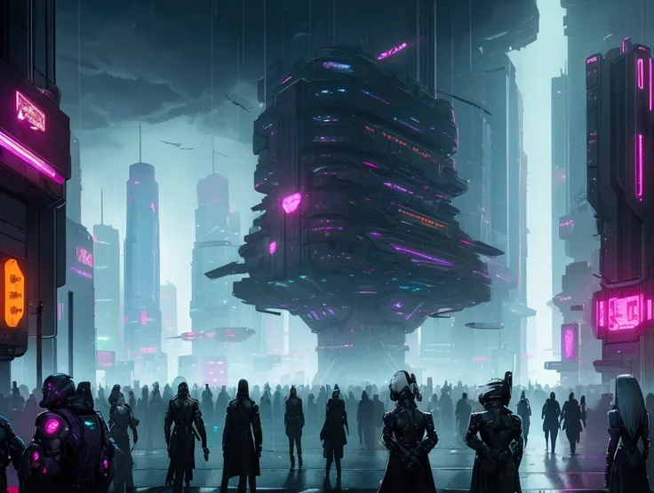 A sprawling futuristic city in the cyberpunk style, with towering skyscrapers covered in glowing neon signs. Flying cars move through the air, while the streets below are bustling with cybernetic humans in a moody, rain-soaked atmosphere