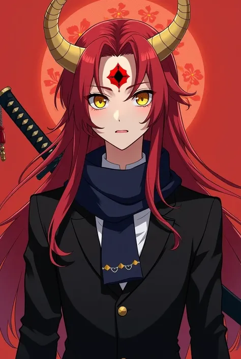 Young adult anime boy ,with long red hair with golden horns and yellow eyes ,dressed in a black suit and a dark blue scarf . with a crimson leaf katana behind his back . With a hyper realistic third eye on his red pupil forehead and the black sclera of his...