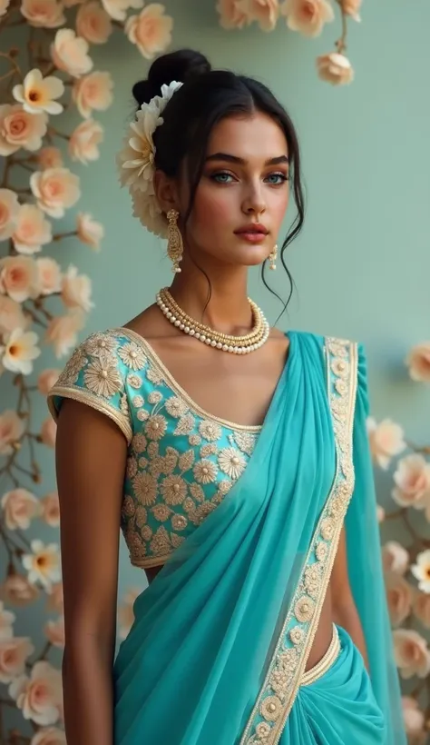 A glamorous woman stands out in a turquoise blue saree with a sleeveless blouse encrusted with pearl embellishments. Her poised waist-up pose highlights her radiant bronze-toned skin. Her sleek bun is adorned with jasmine flowers, contrasting against the m...