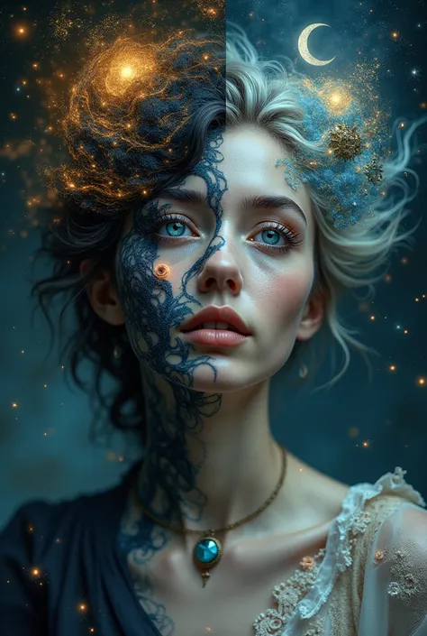 Create a 9:16 image of stunning representation of the female Aries zodiac sign. She should have duality-themed features, such as contrasting elements on either side of her appearance (e.g., light and dark, day and night). Her look should be ethereal and in...