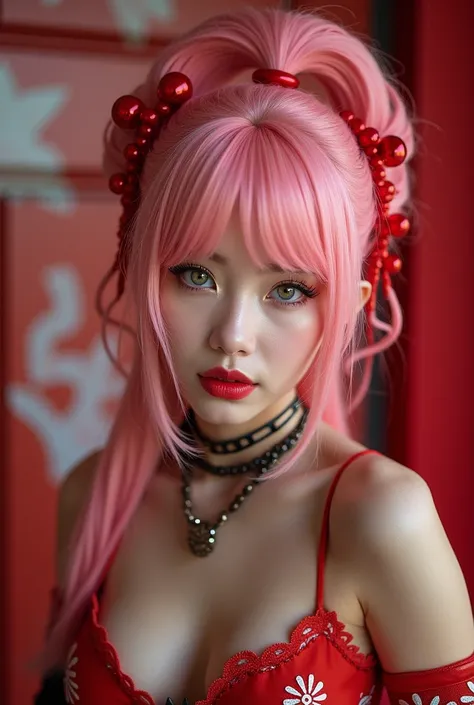 Latex costume young Japanese woman Pink hair High definition ponytail flashy earrings flashy necklace flashy bracelets Erotic