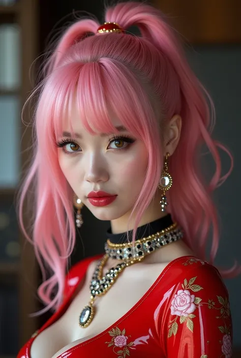 Latex costume young Japanese woman Pink hair High definition ponytail flashy earrings flashy necklace flashy bracelets Erotic