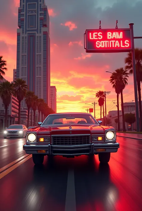 (car driving down a street next to a tall building in Sunset Boulevard, Los Angeles, 1978, neon sign glowing bright) (Evgeny Lushpin style), cinematic photography, vivid colors, high contrast, ultra-detailed, atmospheric lighting, urban landscape, dynamic ...