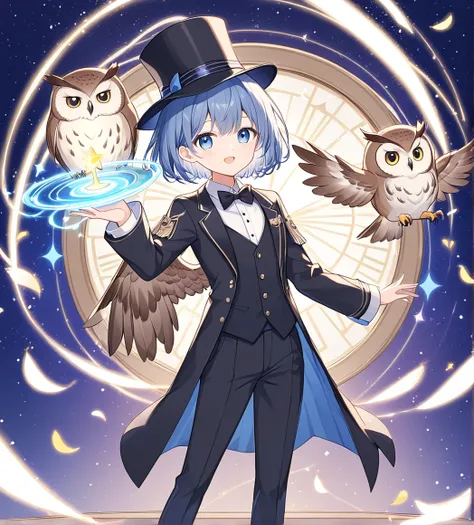   、Lightline illustration 、magician、手品をする owl under guard、  wearing a black tuxedo and hat、 owl under guard、 Fluffy Feathers 、cute,magic show background、dim