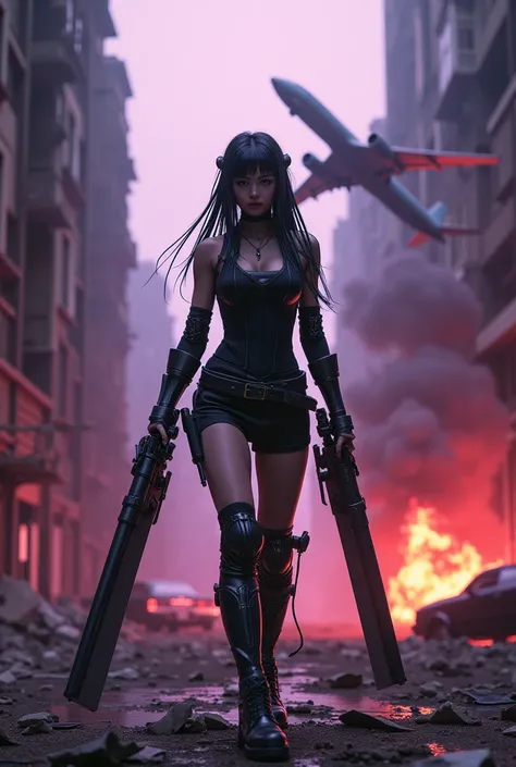 cyberpunk, Young Indonesian woman wearing clothes like hair robots in bindings and carrying long barrels in a destroyed building there is a plane smoke fire,behind him there is a car exploding with the effect of fire there is a building ,purple and red lig...