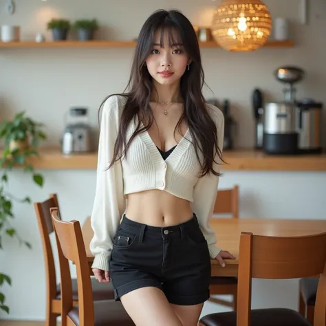 whole body, A 20-year-old Japanese woman enjoying a date ,cute,Idol,Idol, Portrait,Model,Long Hair,bangs, small breasts,Gloss, high waisted black shorts,( small ass ),white short knit, black long boots , Video ,Professional equipment ,DATING DETAILS 